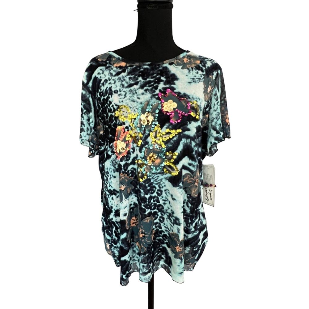 Y2K Sequin Top Nygard Art Wear Abstract Floral Abstract Stretch Mesh Size XL